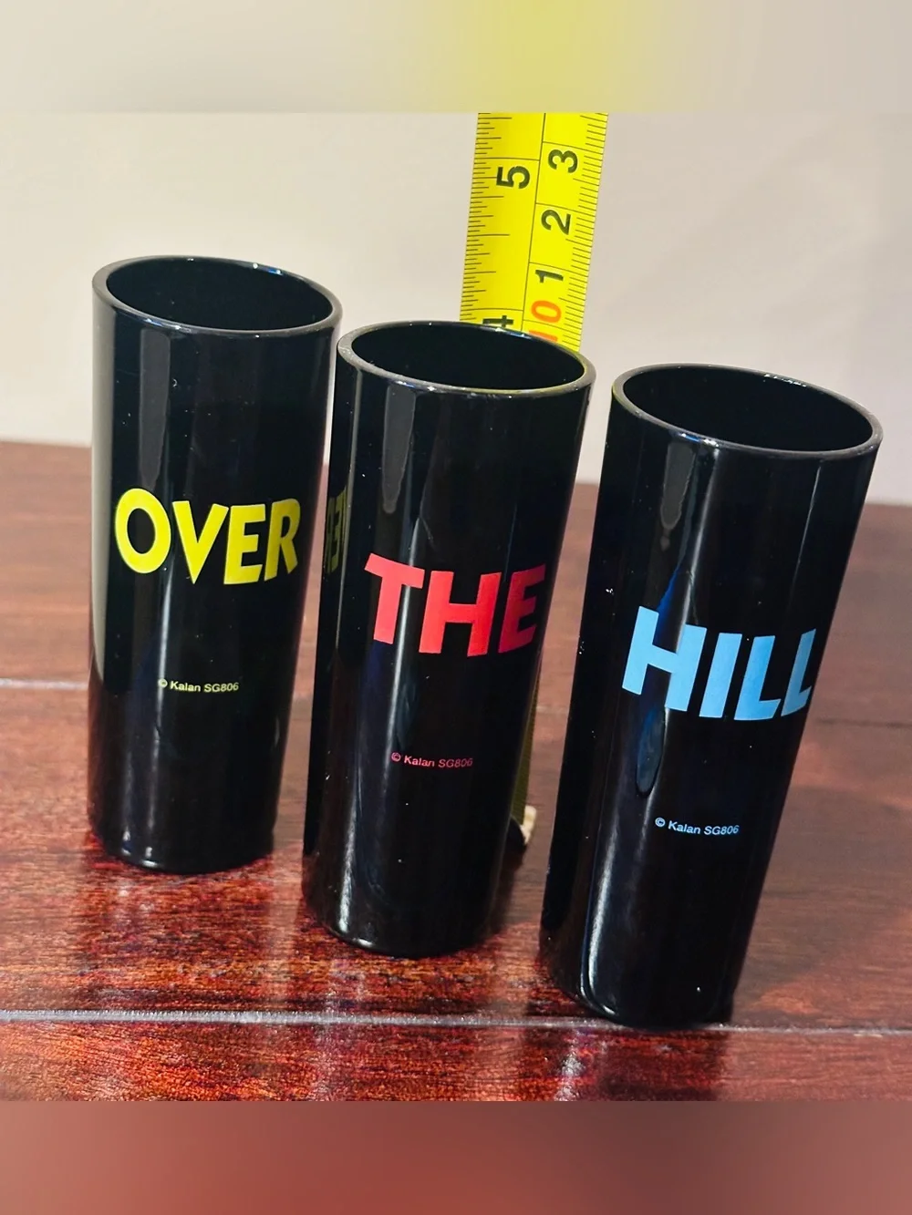 Vintage Kalan “Over The Hill” Shot Glasses Set 3 Black 4” Tall Shooter  1990s